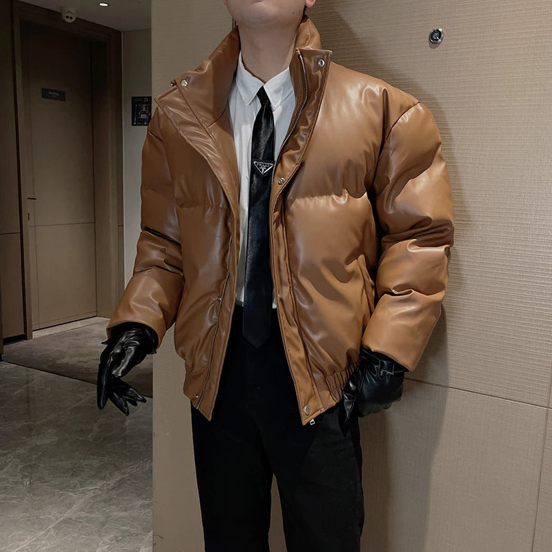 High-End Leather Bread Clothes Cotton-Padded Men’s Stand Collar Jacket