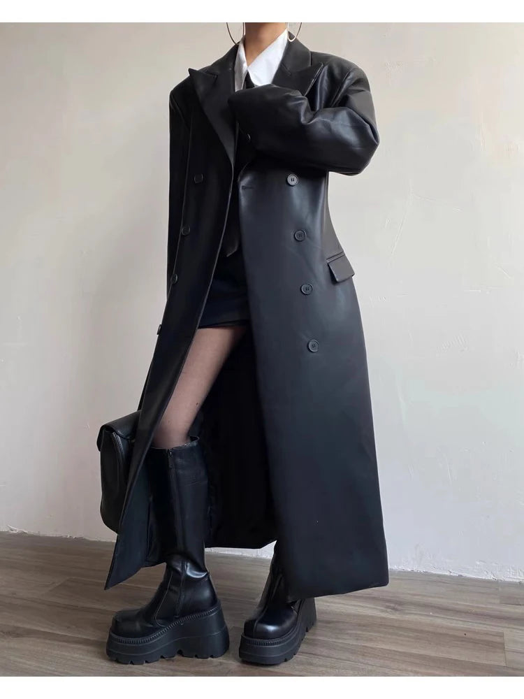 Autumn Long Black Fitted Soft Pu Leather Trench Coat for Women Shoulder Pads Double Breasted Luxury European Clothes
