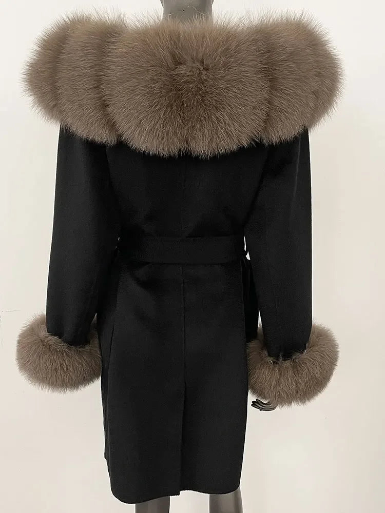 Natural Real Fox Fur Hooded Pocket Winter Jacket  100% Blends Wool Coat Women Loose Outerwear Casual Outerwear Streetwear