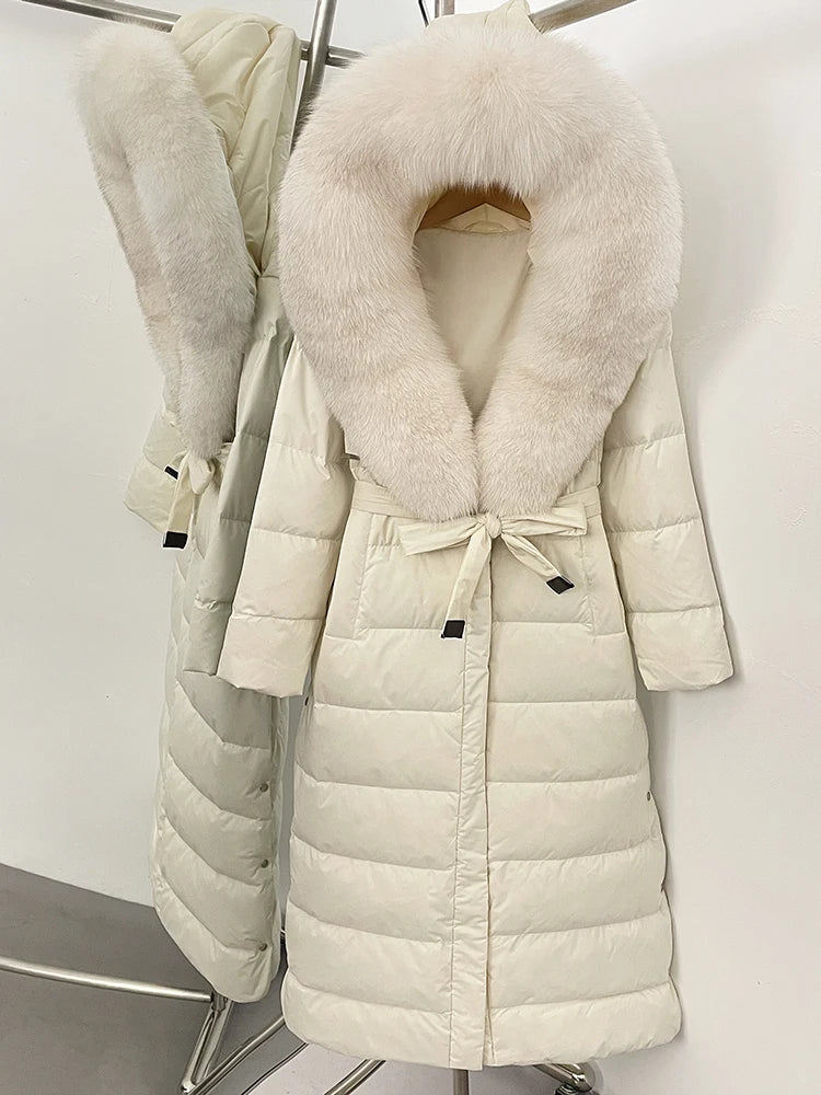 Hooded Winter White Duck Down Coat Large Real Fox Fur Collar X-Long Puffer Jacket Women Thick Female Parkas With Belt