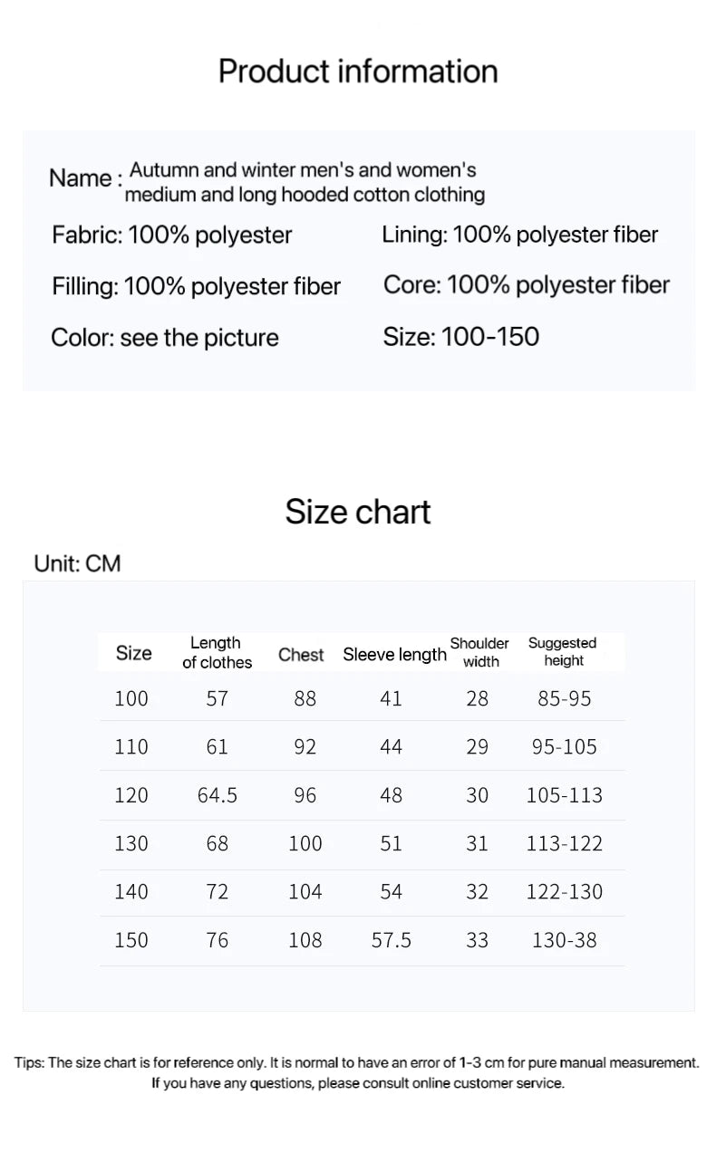 Boys Girls Cotton-Padded Coats Kids Long Down Autumn Winter Teen Cotton Clothes Outerwear Big Children Thicken Warm Jacket