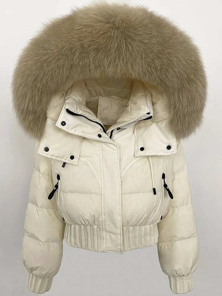 CXFS 2025 Winter Jacket Women Short Natural Real Raccoon Fox Fur Collar Hooded White Duck Down Coat Thick Warm Casual Outerwear