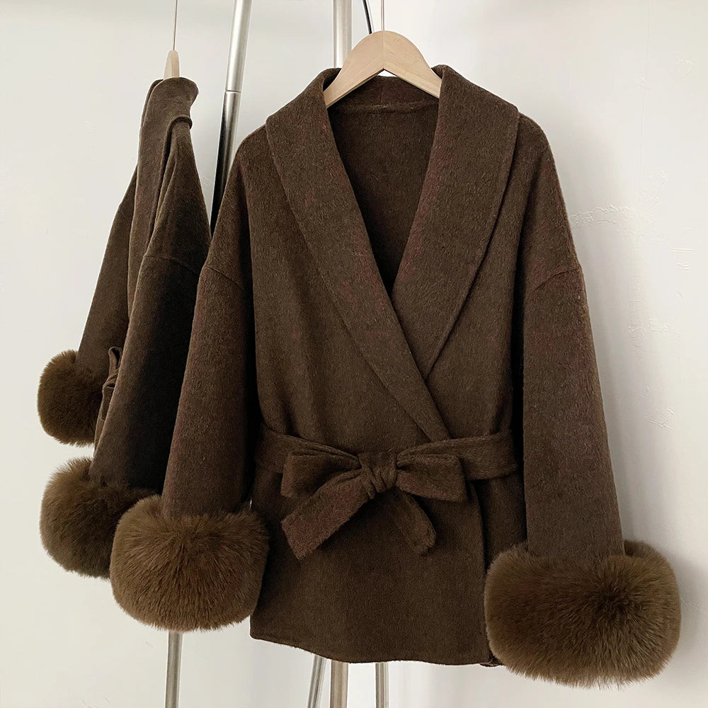 Wool Coat Faux Fur Women Overcoat Fake Fox Fur Patchwork Woolen Coat Fur Eco-friendly Lady Wool Jacket Artificial Autumn Spring