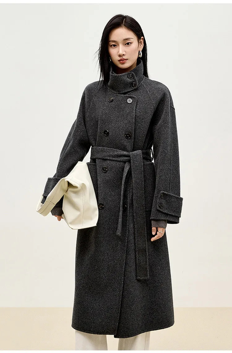 Korean Style 100% Wool Coats for Women 2024 Winter Oversize Warm Double Breasted Stand Neck Belted Outerwear W44O56385