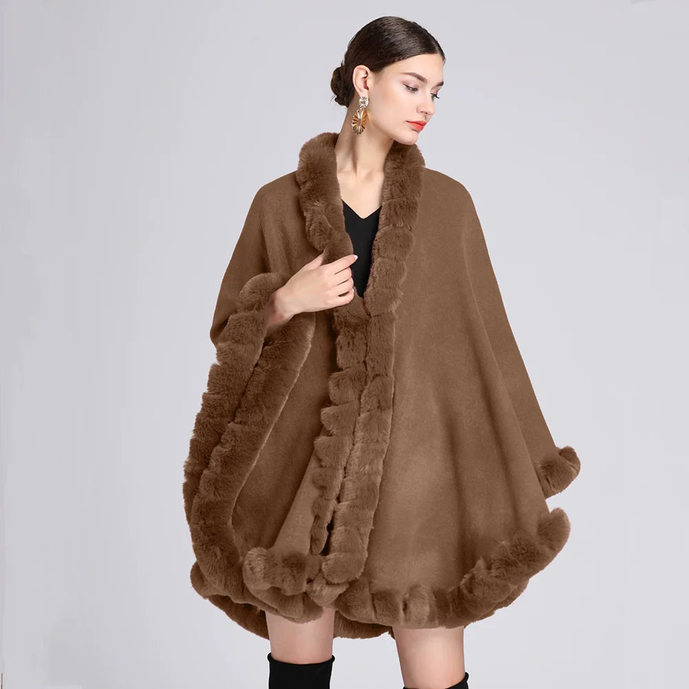 Fashion Handcraft Full Trim Faux Rex Rabbit Fur Cape Coat Loose Knit Cashmere Cloak Shawl Women Fall Winter New Pallium Outwear
