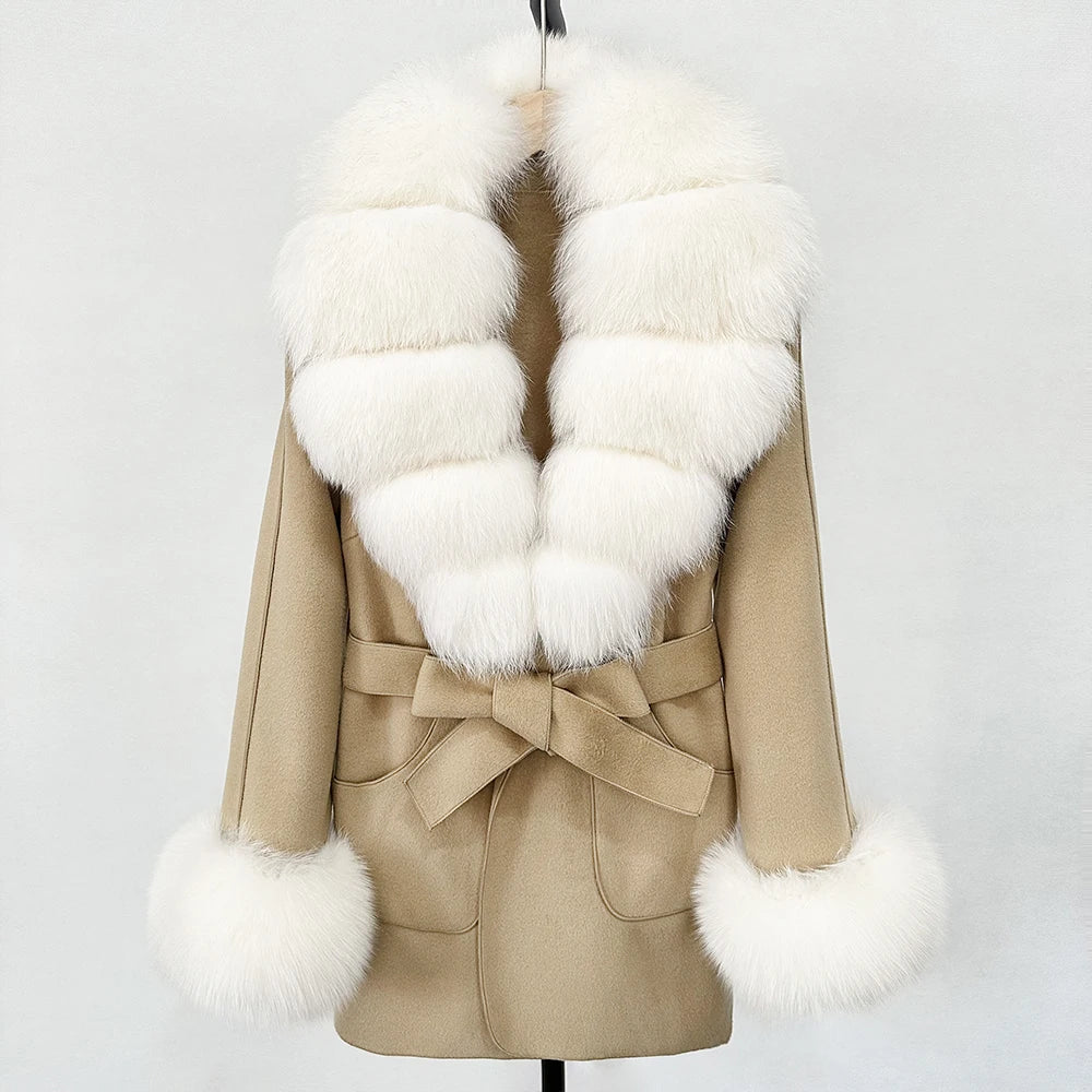 Fur Coat Natural Fur Collar Real Fox Fur Overcoat Female 2025 Autumn Winter Wool Coat Women Clothes Cuffs Woolen Jacket