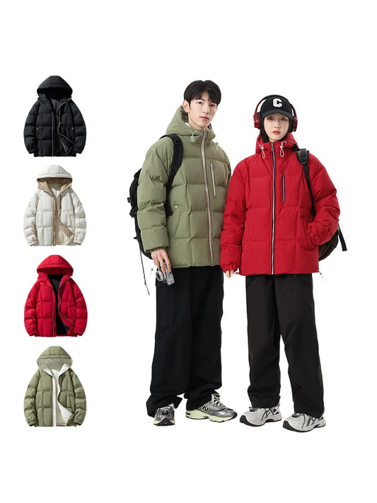 Casual Unisex Hooded Lined Cotton Jacket Outdoor Waterproof Bread Coat for Winter Long Zipper Coat