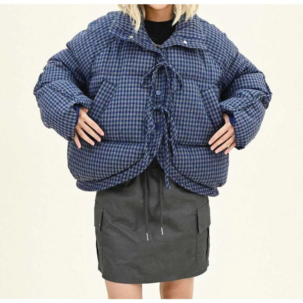 Bow Tie Plaid Short Cotton Jacket for Women in Winter Loose and Thick Cotton Padded Bread Jacket