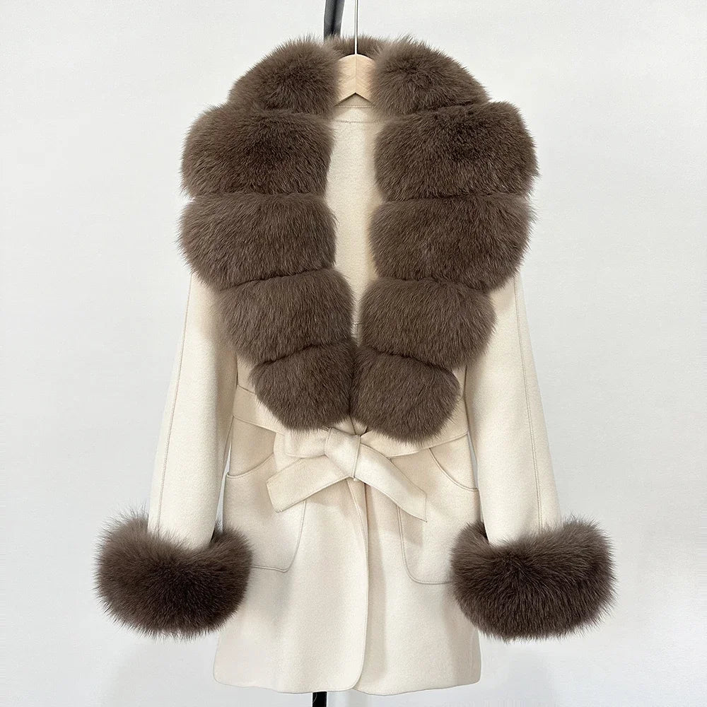Fur Coat Natural Fur Collar Real Fox Fur Overcoat Female 2025 Autumn Winter Wool Coat Women Clothes Cuffs Woolen Jacket