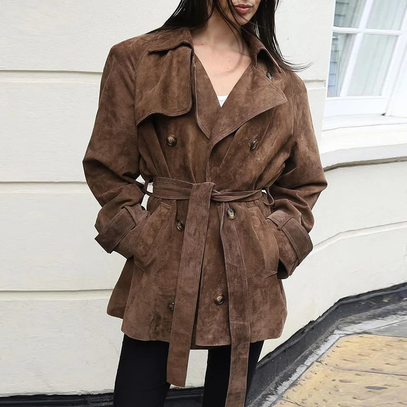 Vintage Suede Long Jackets Women Loose Lapel Double Breasted Belts Coats Female 2025 Autumn Winter Fashion Solid Thick Outwears