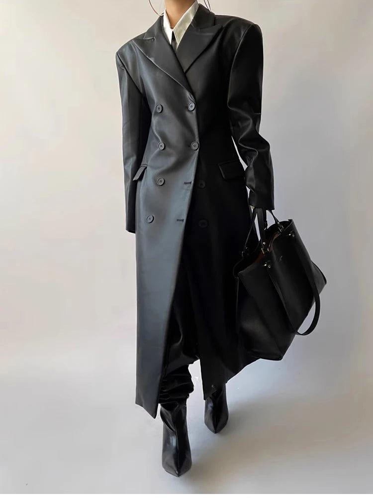 Autumn Long Black Fitted Soft Pu Leather Trench Coat for Women Shoulder Pads Double Breasted Luxury European Clothes