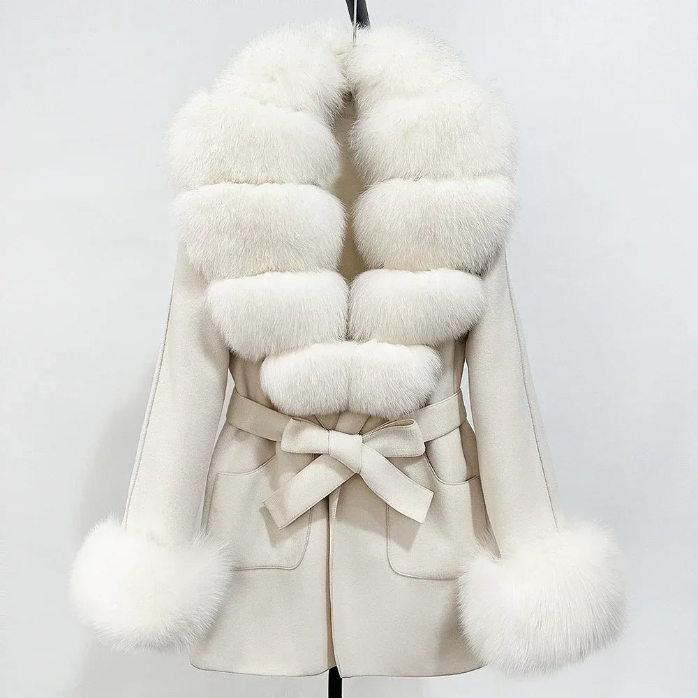 Fur Coat Natural Fur Collar Real Fox Fur Overcoat Female 2025 Autumn Winter Wool Coat Women Clothes Cuffs Woolen Jacket