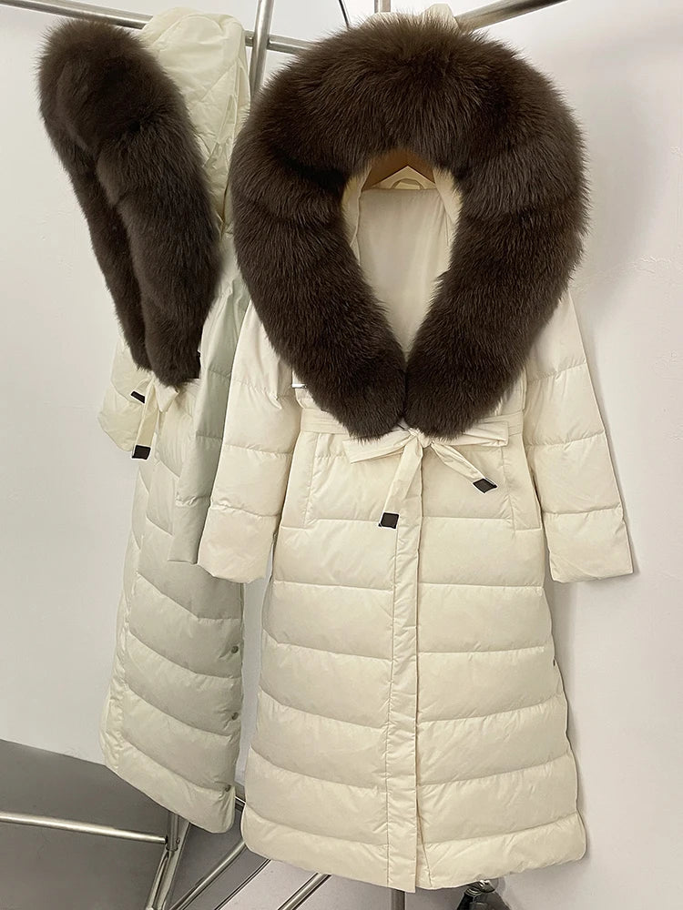 Hooded Winter White Duck Down Coat Large Real Fox Fur Collar X-Long Puffer Jacket Women Thick Female Parkas With Belt