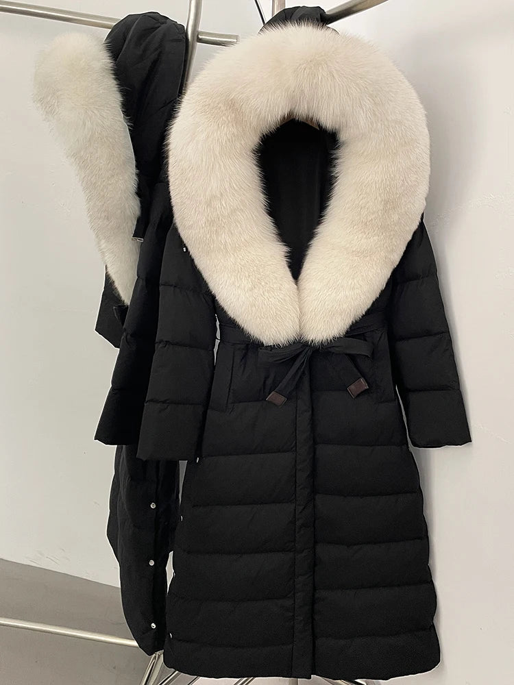 Hooded Winter White Duck Down Coat Large Real Fox Fur Collar X-Long Puffer Jacket Women Thick Female Parkas With Belt