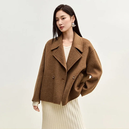 Winter Short Woolen Jackets Women Outerwear 2024 Fashion Notched Collar Double Breasted Loose Coats Female W44O56123