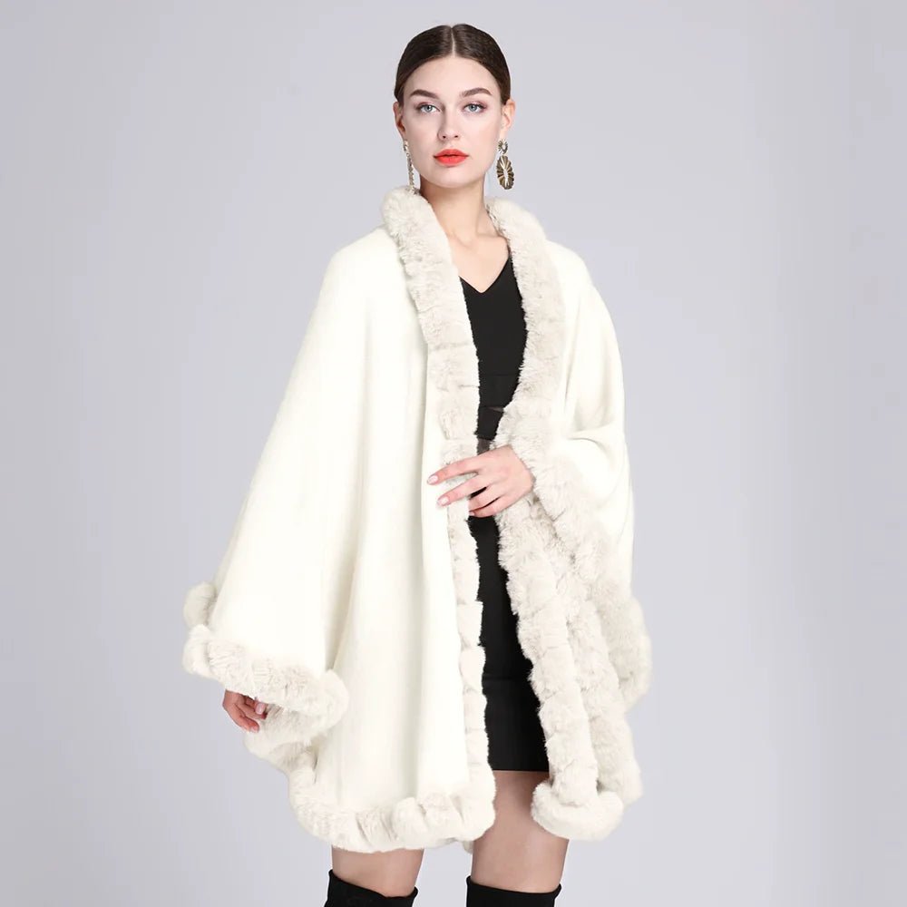 Fashion Handcraft Full Trim Faux Rex Rabbit Fur Cape Coat Loose Knit Cashmere Cloak Shawl Women Fall Winter New Pallium Outwear