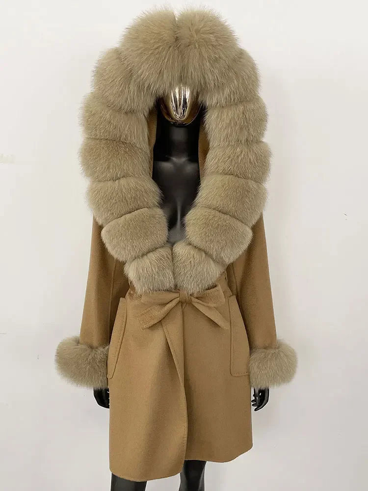 Natural Real Fox Fur Hooded Pocket Winter Jacket  100% Blends Wool Coat Women Loose Outerwear Casual Outerwear Streetwear