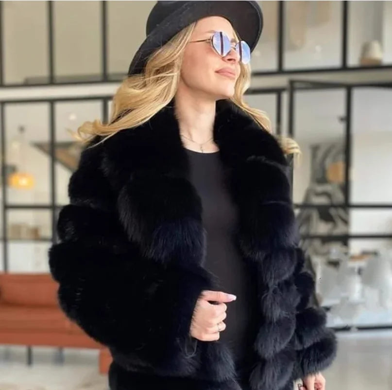 Women's Real Fox Fur Jacket with Large Lapel Detachable Sleeves Warm Stylish Winter Coat Fashionable Animal Skin Outerwear