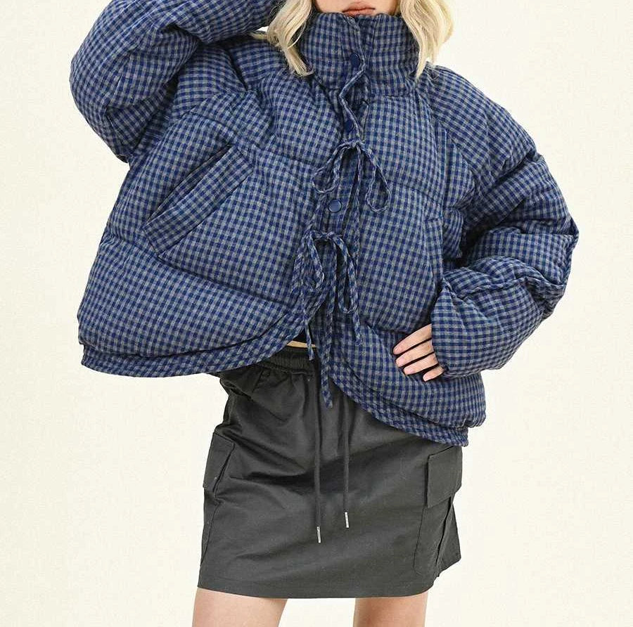 Bow Tie Plaid Short Cotton Jacket for Women in Winter Loose and Thick Cotton Padded Bread Jacket