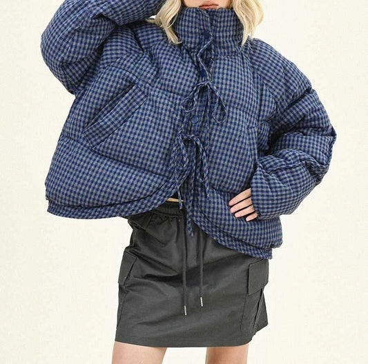 Bow Tie Plaid Short Cotton Jacket for Women in Winter Loose and Thick Cotton Padded Bread Jacket
