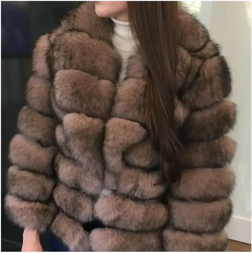 Women's Real Fox Fur Jacket with Large Lapel Detachable Sleeves Warm Stylish Winter Coat Fashionable Animal Skin Outerwear