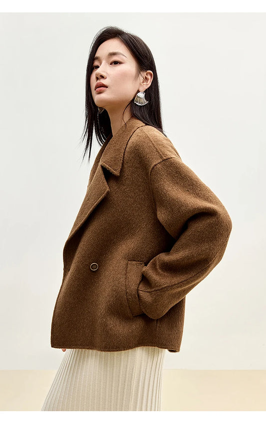 Winter Short Woolen Jackets Women Outerwear 2024 Fashion Notched Collar Double Breasted Loose Coats Female W44O56123