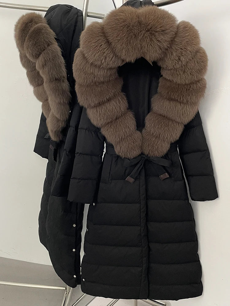 Hooded Winter White Duck Down Coat Large Real Fox Fur Collar X-Long Puffer Jacket Women Thick Female Parkas With Belt