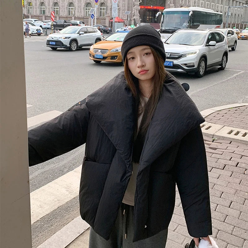 Women's Winter Lapel Puffer Jacket Loose Y2K Fashion Down Cotton Coat Woman Solid Color Casual Windproof Warm Cropped Parkas