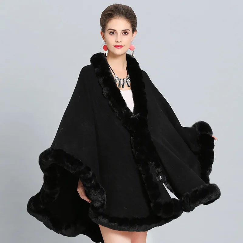 Fashion Handcraft Full Trim Faux Rex Rabbit Fur Cape Coat Loose Knit Cashmere Cloak Shawl Women Fall Winter New Pallium Outwear