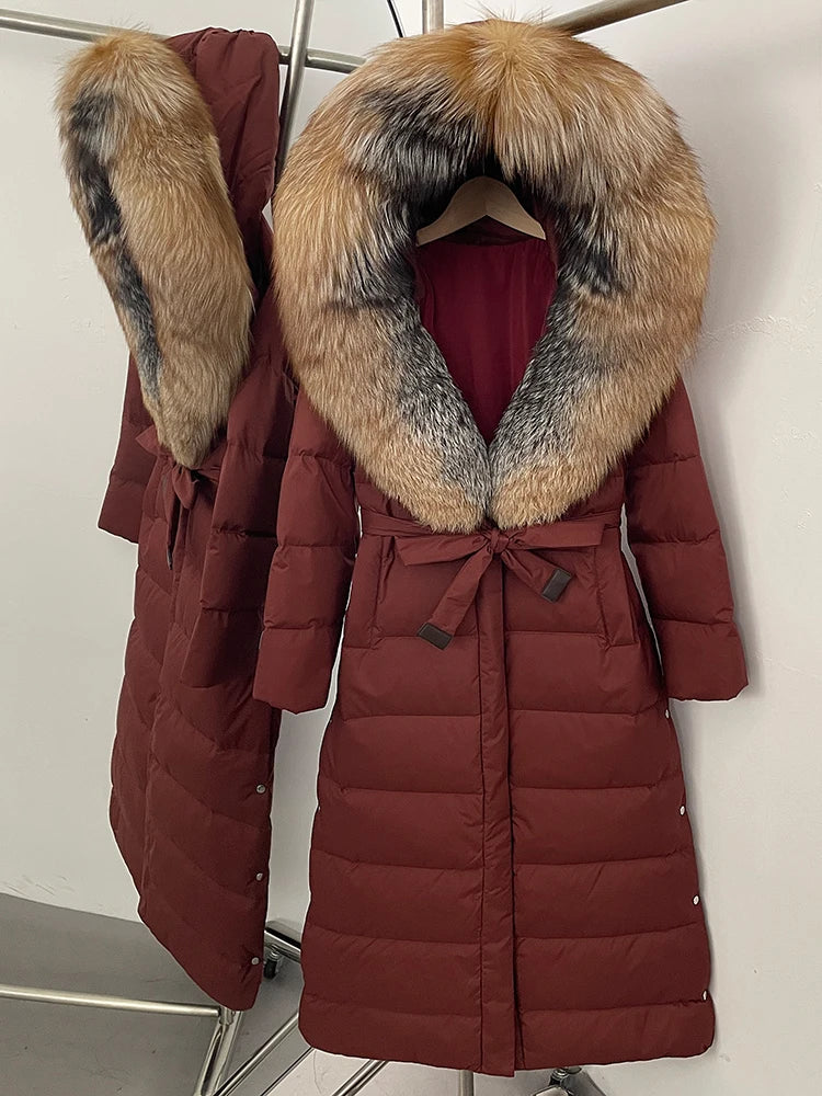 Hooded Winter White Duck Down Coat Large Real Fox Fur Collar X-Long Puffer Jacket Women Thick Female Parkas With Belt