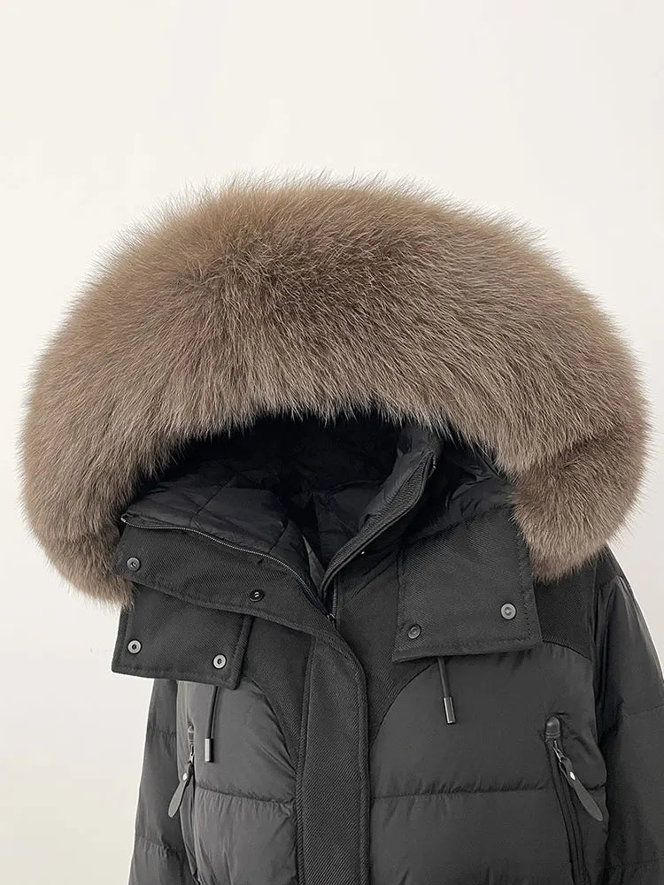 CXFS 2025 Winter Jacket Women Short Natural Real Raccoon Fox Fur Collar Hooded White Duck Down Coat Thick Warm Casual Outerwear