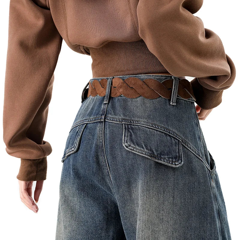 American Retro Plush Curved Knife Jeans – Autumn/Winter Wide-Leg Denim