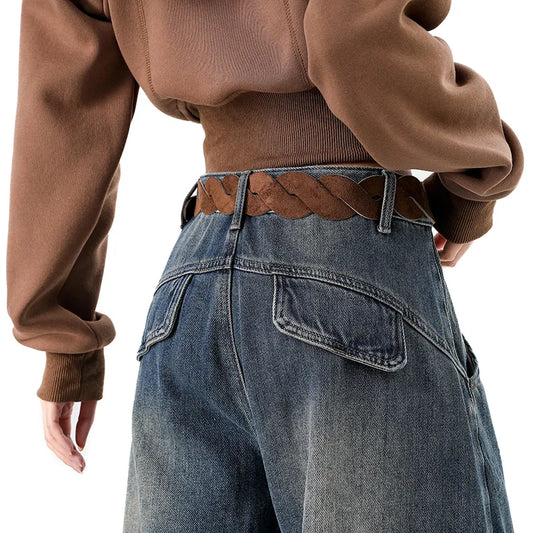 American Retro Plush Curved Knife Jeans – Autumn/Winter Wide-Leg Denim