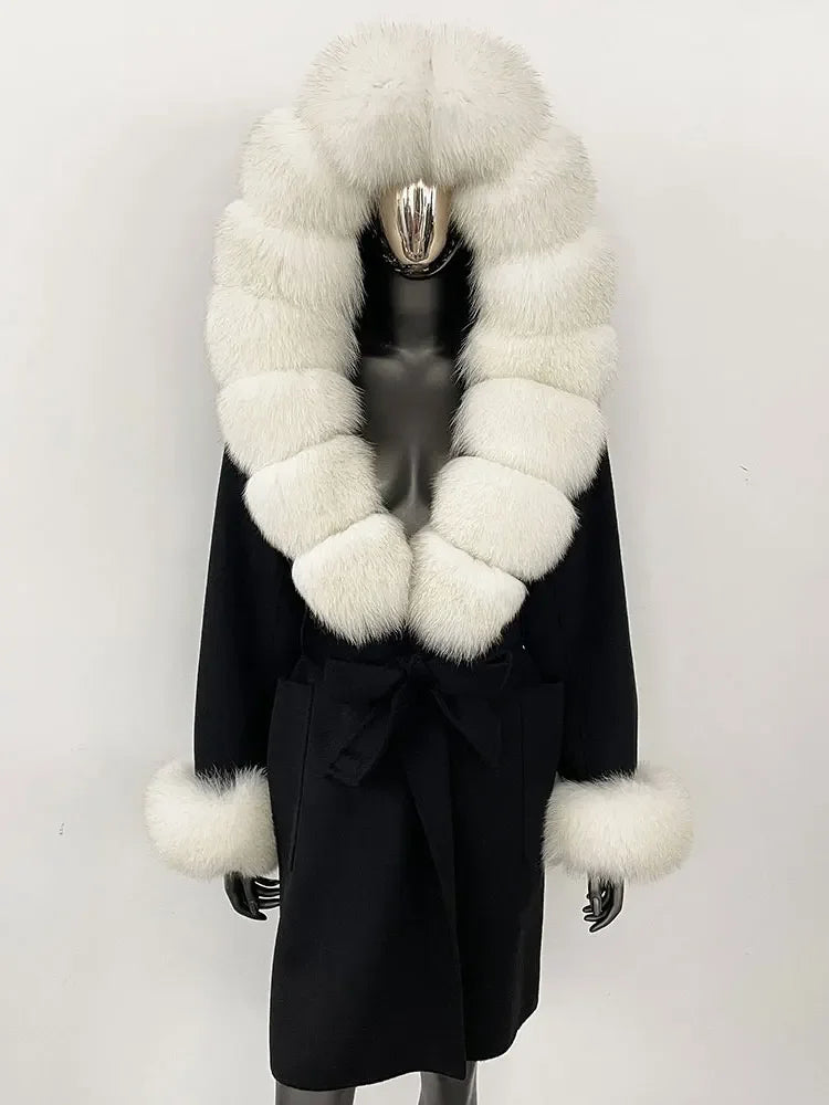 Natural Real Fox Fur Hooded Pocket Winter Jacket  100% Blends Wool Coat Women Loose Outerwear Casual Outerwear Streetwear