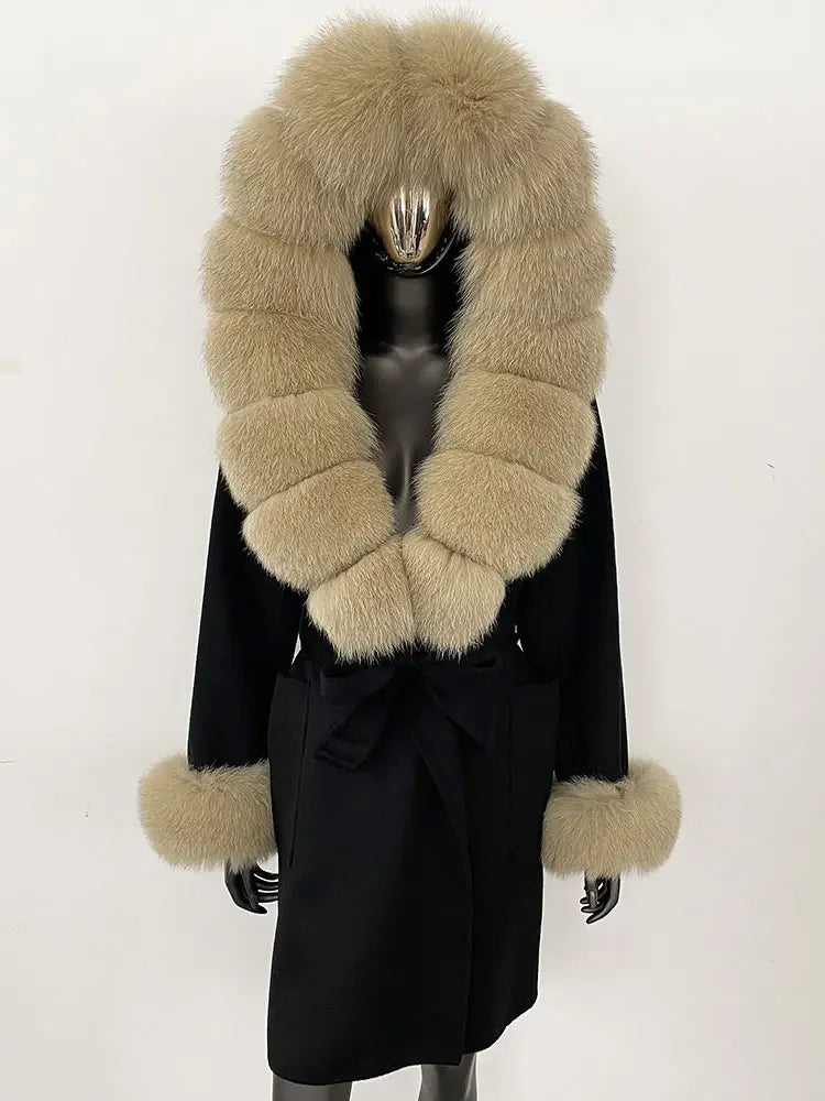 Natural Real Fox Fur Hooded Pocket Winter Jacket  100% Blends Wool Coat Women Loose Outerwear Casual Outerwear Streetwear