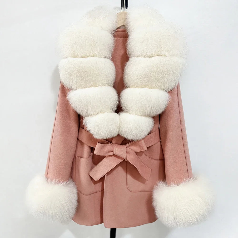 Fur Coat Natural Fur Collar Real Fox Fur Overcoat Female 2025 Autumn Winter Wool Coat Women Clothes Cuffs Woolen Jacket