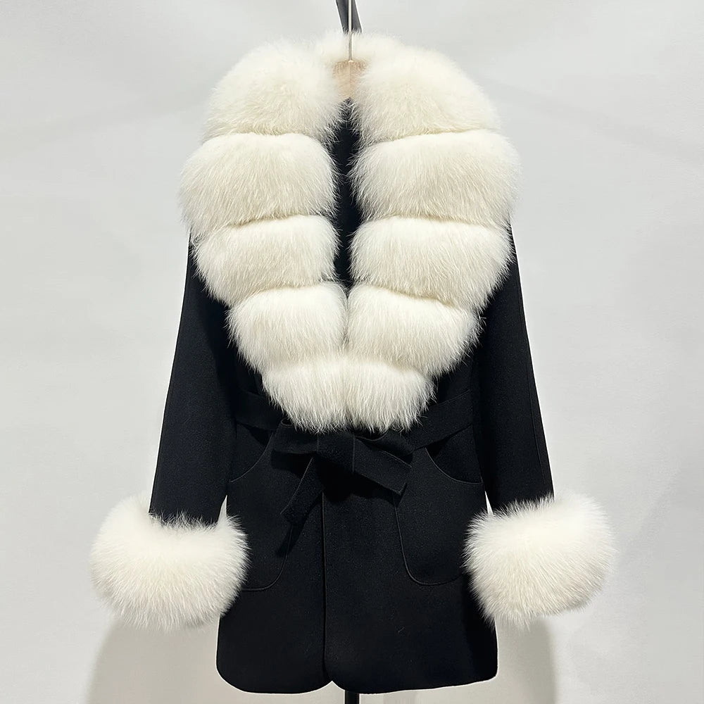 Fur Coat Natural Fur Collar Real Fox Fur Overcoat Female 2025 Autumn Winter Wool Coat Women Clothes Cuffs Woolen Jacket