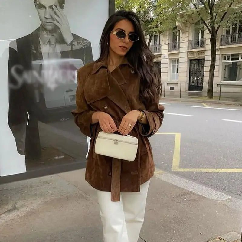 Vintage Suede Long Jackets Women Loose Lapel Double Breasted Belts Coats Female 2025 Autumn Winter Fashion Solid Thick Outwears
