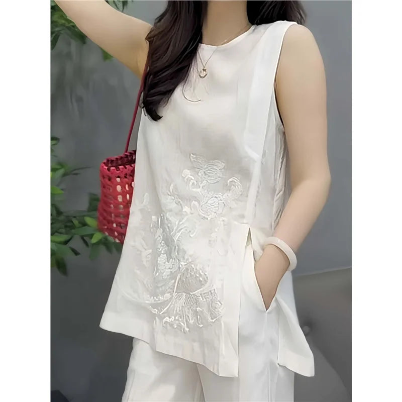 White Sleeveless Floral Embroidery Long Vest – Summer Chiffon Tank Top