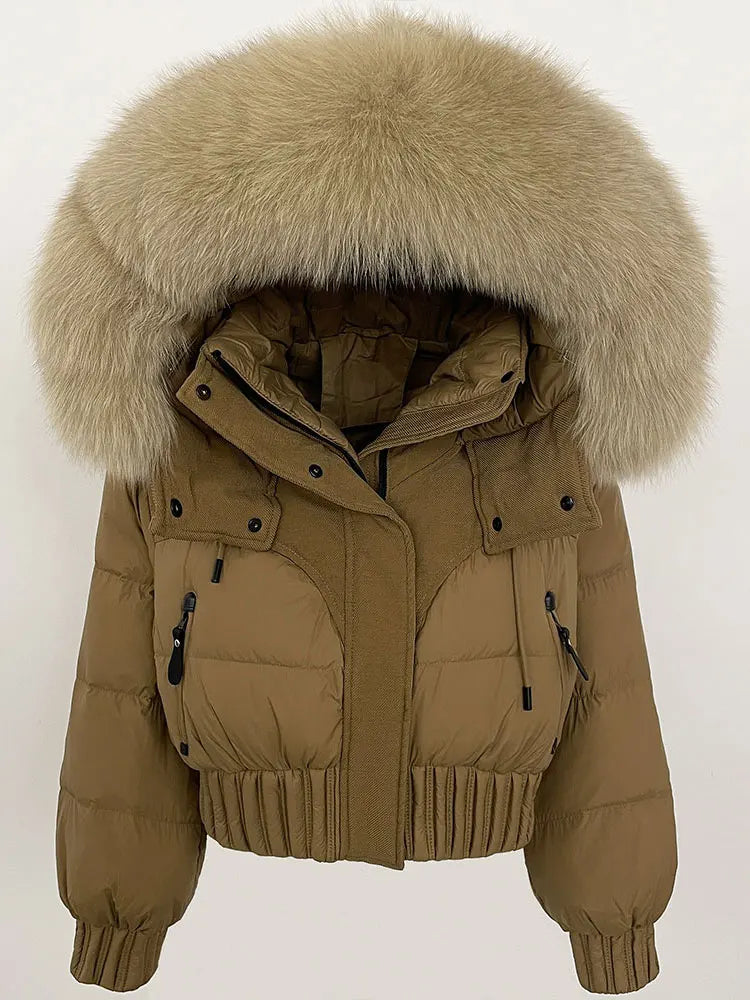 CXFS 2025 Winter Jacket Women Short Natural Real Raccoon Fox Fur Collar Hooded White Duck Down Coat Thick Warm Casual Outerwear