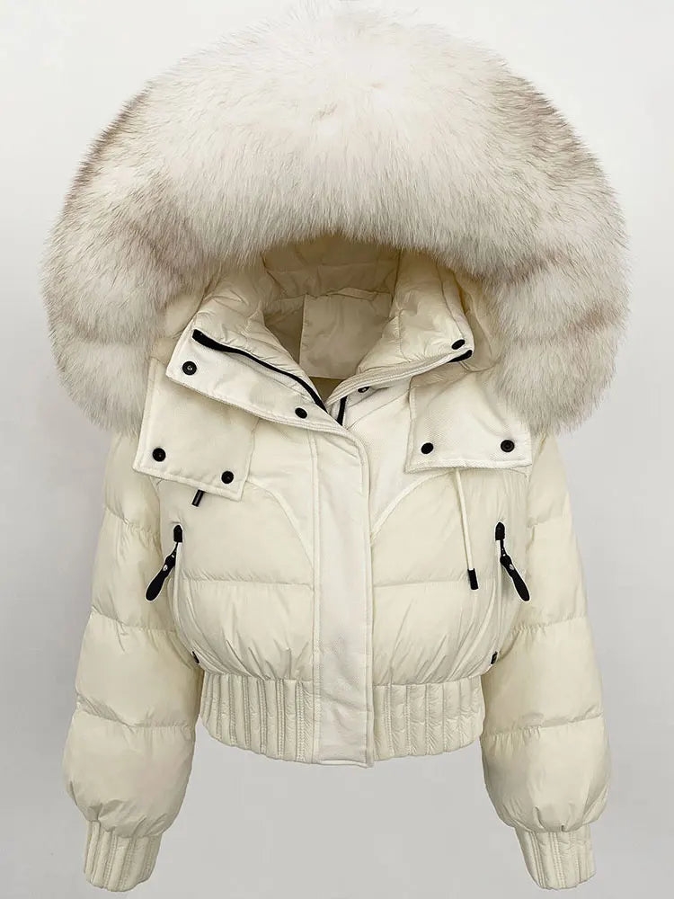 CXFS 2025 Winter Jacket Women Short Natural Real Raccoon Fox Fur Collar Hooded White Duck Down Coat Thick Warm Casual Outerwear