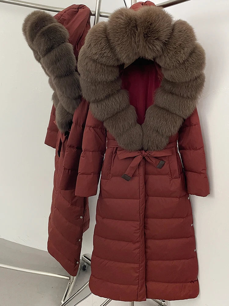 Hooded Winter White Duck Down Coat Large Real Fox Fur Collar X-Long Puffer Jacket Women Thick Female Parkas With Belt
