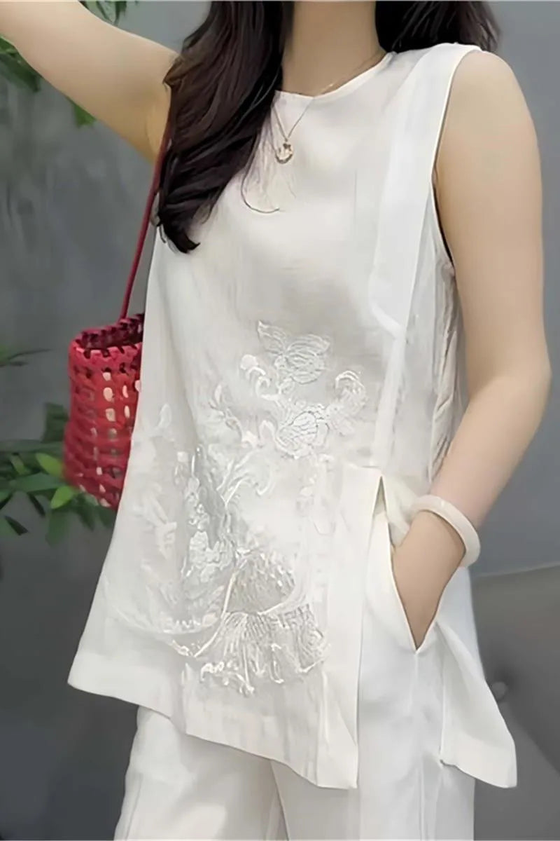 White Sleeveless Floral Embroidery Long Vest – Summer Chiffon Tank Top