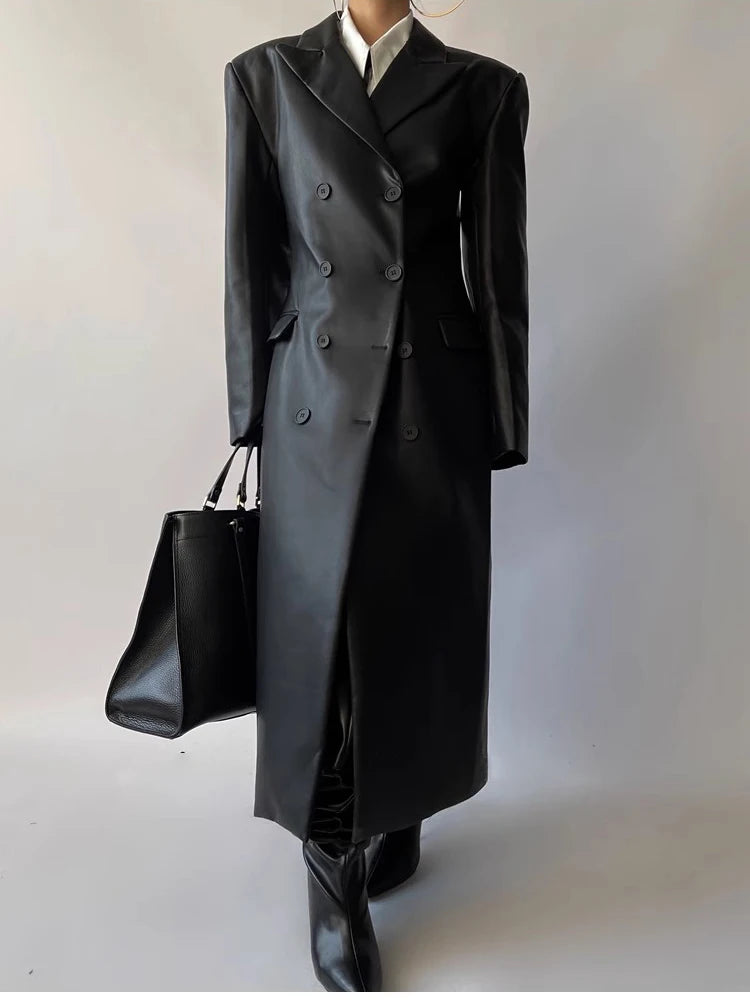 Autumn Long Black Fitted Soft Pu Leather Trench Coat for Women Shoulder Pads Double Breasted Luxury European Clothes