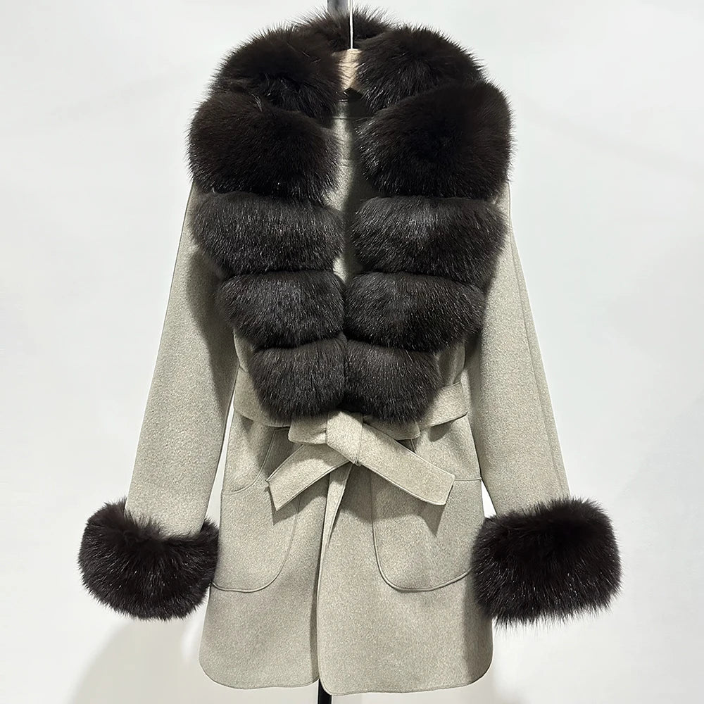 Fur Coat Natural Fur Collar Real Fox Fur Overcoat Female 2025 Autumn Winter Wool Coat Women Clothes Cuffs Woolen Jacket