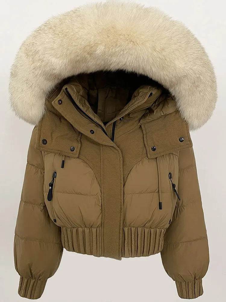 CXFS 2025 Winter Jacket Women Short Natural Real Raccoon Fox Fur Collar Hooded White Duck Down Coat Thick Warm Casual Outerwear