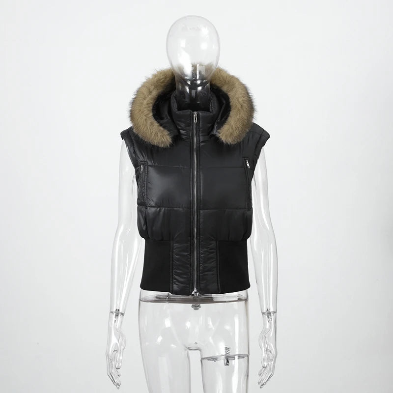 Short Down Women's Jacket Faux Fur Collar Hat Detachable Sleeves Coat Slim Warm Outwears 2025 Winter Thicken Coats