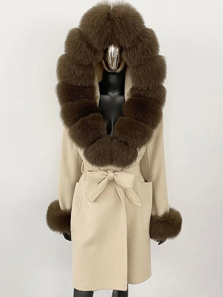 Natural Real Fox Fur Hooded Pocket Winter Jacket  100% Blends Wool Coat Women Loose Outerwear Casual Outerwear Streetwear