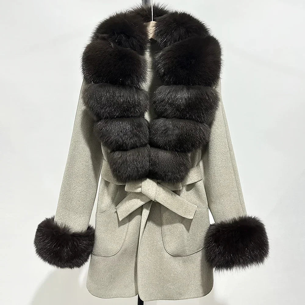 Fur Coat Natural Fur Collar Real Fox Fur Overcoat Female 2025 Autumn Winter Wool Coat Women Clothes Cuffs Woolen Jacket
