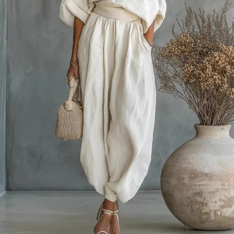 Elegant Skew Collar Top & Pencil Pants Set – Women’s Hollow Out Outfit